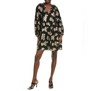 Tommy Bahama Shimmering Shores Long Sleeve Tiered Shift Dress Black Gold NWT